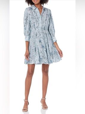 NWT Theory Silk‎ Vol Mini Shirtdress Teal Cascade Print Fit & Flare Size 00 $545